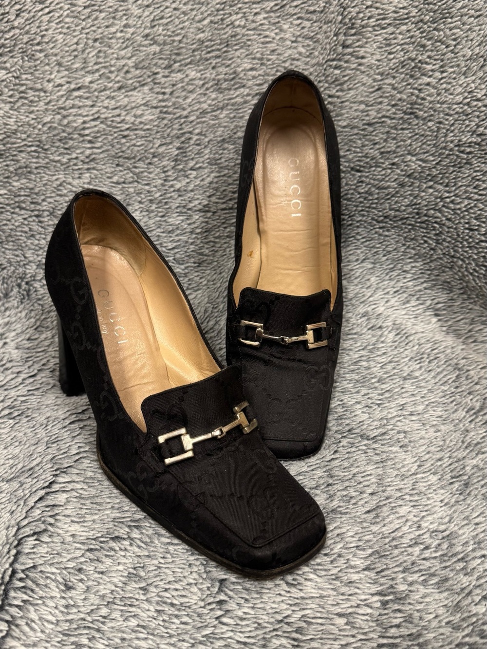 Gucci Black Suede Horsebit Block Heel Pumps